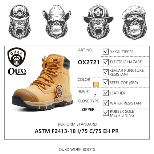 Image of Waterproof Work Boots for Men, 7 inch Steel Toe Safety Boot, Side Zipper, Slip Resistant Rubber Outsole, Breathable Leather, Puncture-proof, Quick Dry, ASTM F2413-18 Rated (OX2721)