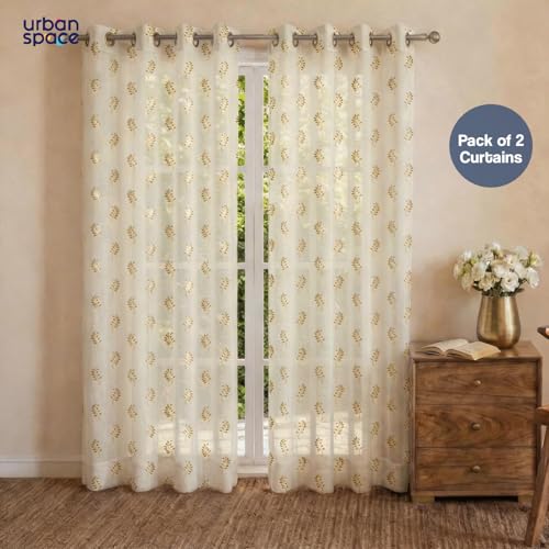 Image of Urban Space Gold Foil Sheer with Texture, Curtains for Window, 35-40% Room Darkning, Set of 2 Decorative Curtains with Tieback and Eyelets (Tara Buttercream, Window- 5 Feet)