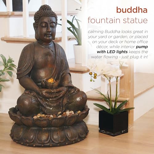 Image of Alpine Corporation GEM122 Outdoor Floor Meditating Soothing Buddha Statue Waterfall Fountain for Garden, 33 inch, Bronze