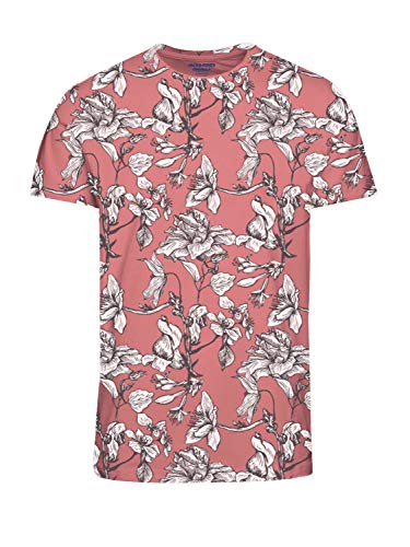 Image of JACK & JONES Mens Floral T-Shirt Slim Fit Casual Crew Neck Short Sleeve T-Shirts for Men UK, Rosette Colour, Size: Small