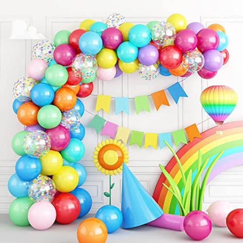 Colorful Balloon Garland Arch Kit 112pcs Birthday Party Decorations with 11 Colorful Confetti Latex Balloons for Kids Baby Shower Wedding Rainbow Fiesta, with Balloon Arch Strip, Dot Glue