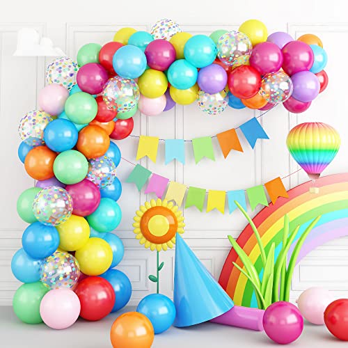 Colorful Balloon Garland Arch Kit 112Pcs Birthday Party Decorations With 11 Colorful Confetti Latex Balloons For Kids Baby Shower Wedding Rainbow Fiesta, With Balloon Arch Strip, Dot Glue #TOP3