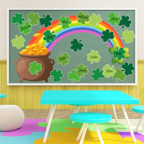 FYSUIMU 45Pcs St. Patrick’s Day Shamrock Cutouts Gradient Green Lucky Clover Cut-Outs Irish Cardboard Paper Cutting with 100Pcs Glue Points for DIY Crafts Classroom Bulletin Board Decor