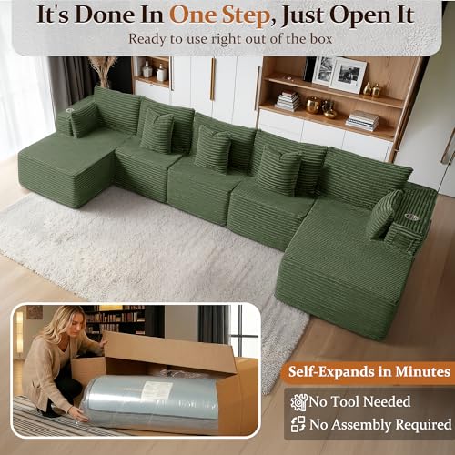 Image of 168 inch Cloud Sectional Couch, Comfort U Shaped Sofa for Living Room, Extra Deep Seats No Assembly, Minimalist Modular Couch, Corduroy (Olive Green, 7 Seats,U-Shape C)