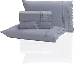 Jogo de Lençol Queen 3 Peças Percal 400 Fios Bordado Inglês - Tecido Acetinado, Macio e Confortável (Cinza, Queen)