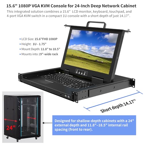 Image of 4 Port Rack Mount KVM Console with 15.6'' 1080P Monitor, 1U VGA KVM Switch Drawer for 24-Inch Deep Network Cabinet,OSD Hotkey Button Switching,Compatible with Windows,Linux,Mac,Sun,etc,Cables Included