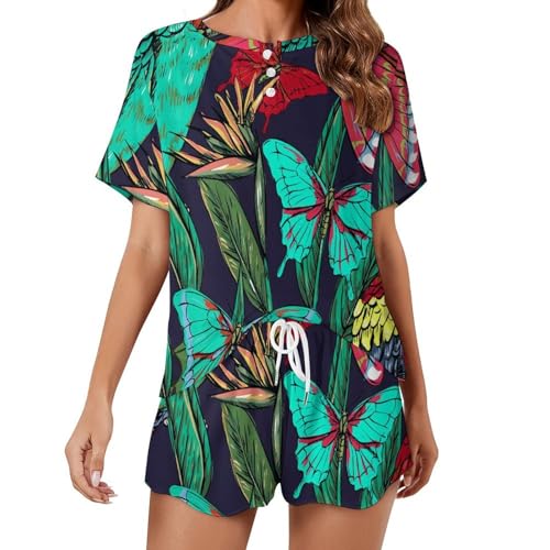 Pyjama femme Papillon Rouge avec short élastique vêtement de nuit été ultra doux