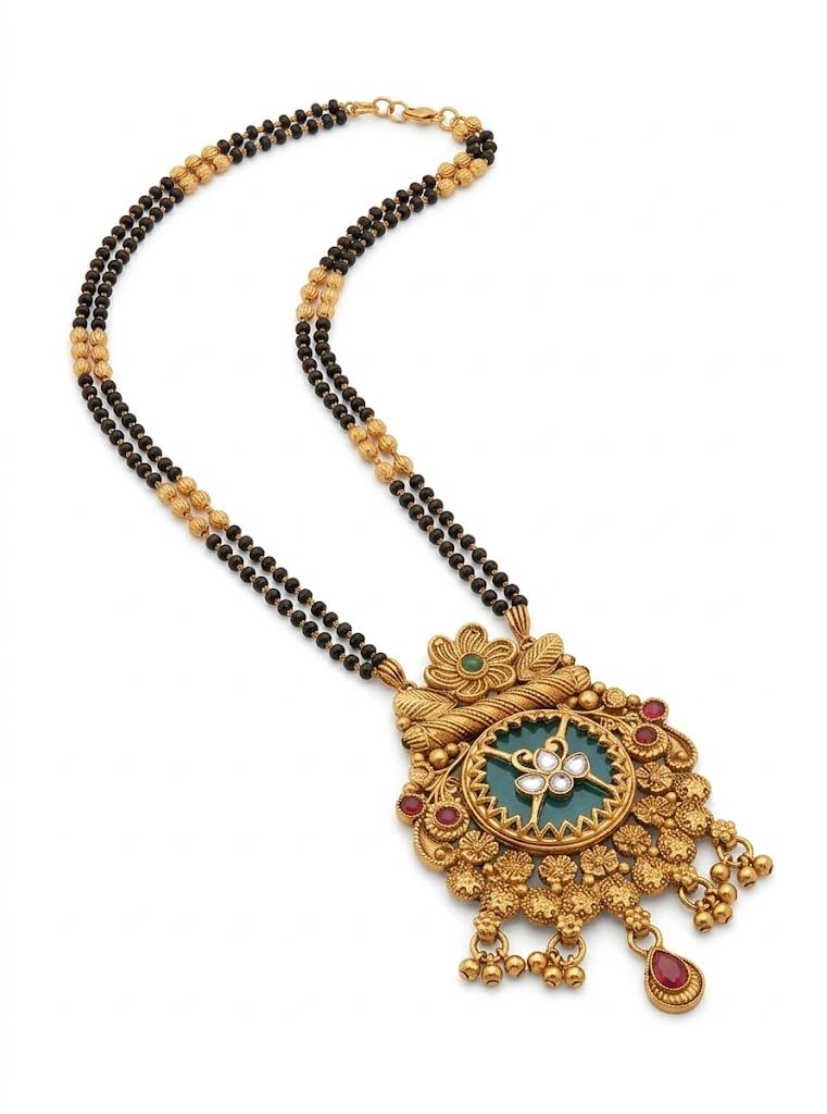 Traditional Gold Plated Long Mangalsutra for Women Antique Temple Jewelry Handcrafted Black Beads Chain Ethnic Wedding Pendant Necklace Set-image-27
