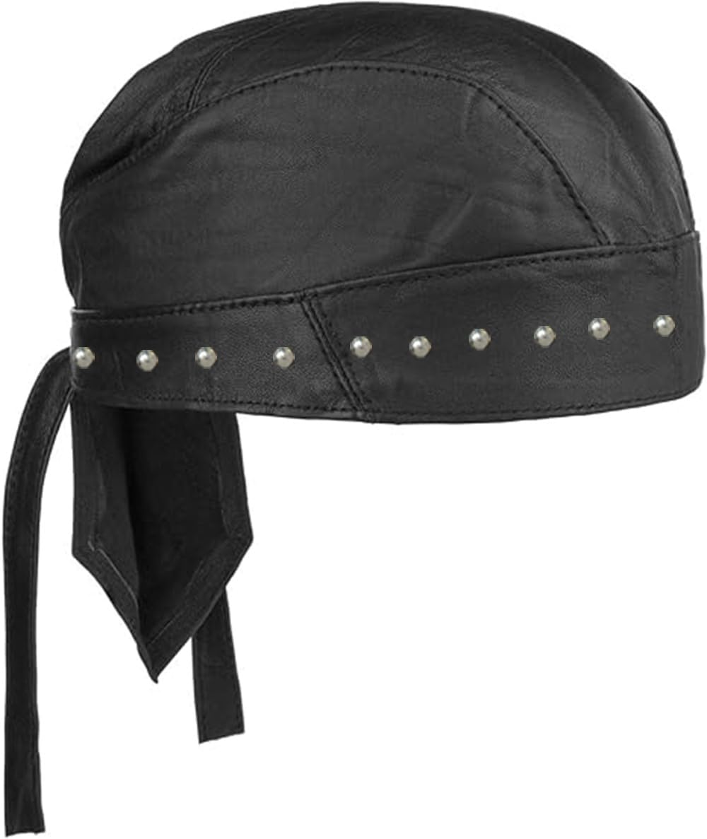 Sheep Leather Skull caps in Black Sweat Head Wraps Studded Skull Cap Bandana Style in Real Do Du