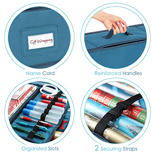 Image of Hearth & Harbor Wrapping Paper Storage Container - Christmas Storage Bag with Ribbon Dispenser and Interior Pockets - Gift Wrap Organizer Fits Up to 26 Rolls of 40 inch Length, Blue