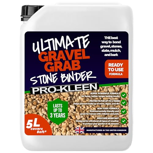 Pro-Kleen Ultimate Gravel Grab 5L (Covers 80 ft2) - Stone Glue Binder Fixing Spray - For Gravel, Slate, Mulch, Bark & More - Protects for up to 3 Years - Non Toxic, Weather Resistant & Porous Formula