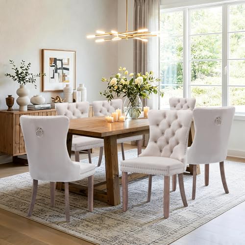 SoarFlash Ensemble de 6 Chaises de Salle à Manger en Velours, avec Dossier à Ailes tapissé, piquetage à Boutons, Garniture rivetée, Anneau décoratif de...