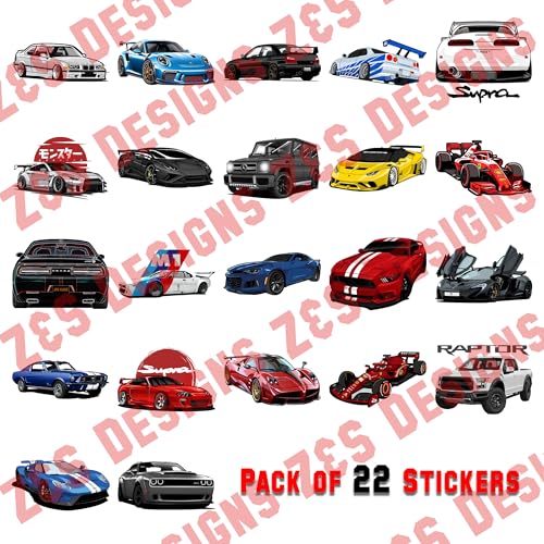 Image of Car Stickers Pack of 22 JDM - Waterproof Vinyl Decals for Laptop, Water Bottle & Skateboard | Muscle Car Racing Supercar Sticker Set | Scratch Proof Heavy Duty Decals for Boys, Teens & Car Lovers