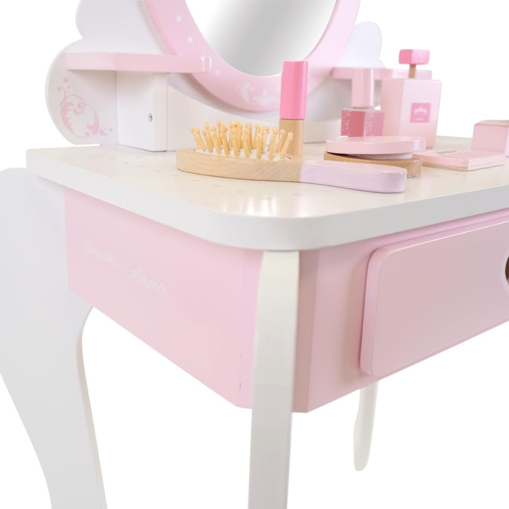 Bandits & Angels Kinderschminktisch Julia Weiß Rosa mit Spiegel für Mädchen ab 3 Jahren - Schminktisch aus Holz - Schminktisch inklusive Hocker - Für Kinder