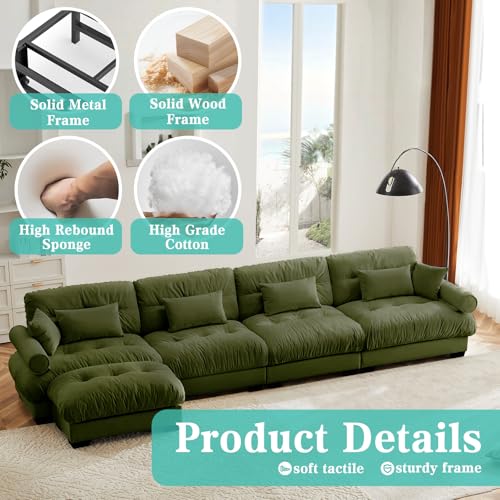 Image of SoarFlash Sectional Couches for Living Room, L Shaped Sofa Couch with Velvet Fabric, 4 Seat Modern Sofa with Ottoman, Removable Pillows for Apartment, Green