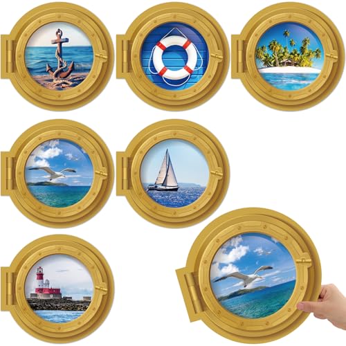 Viozakanry 6 Styles Large Nautical Porthole Cutouts 11 Inches Double Printed Cabin Scenery Nautical Accents Anchor Sailboat Lighthouse Beach Lifebuoy Seagull Decor for Bulletin Board Party Supplies