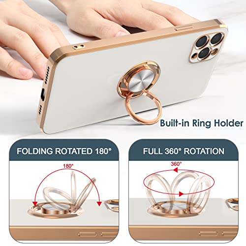 Hython for iPhone 11 Pro Max Case with Ring Stand, Plating Rose Gold Edge 360° Rotatable Ring Holder Magnetic Kickstand Cover, Slim Soft TPU Luxury Protective Phone Case for Women Men, White by Hython - Image 3