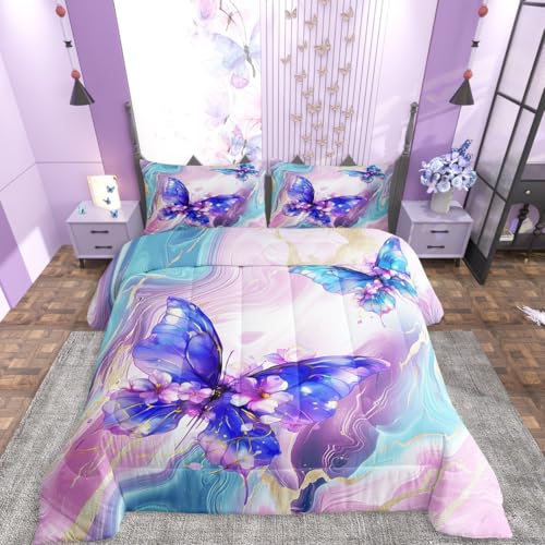 Image of Erosebridal Floral Marble Butterfly Comforter King Size for Kids Teens Adults,Purple Blue Tie Dye Bedding Set,Elegant Marble Texture Duvet Insert,Modern Aesthetic Quilt Bedroom Decor