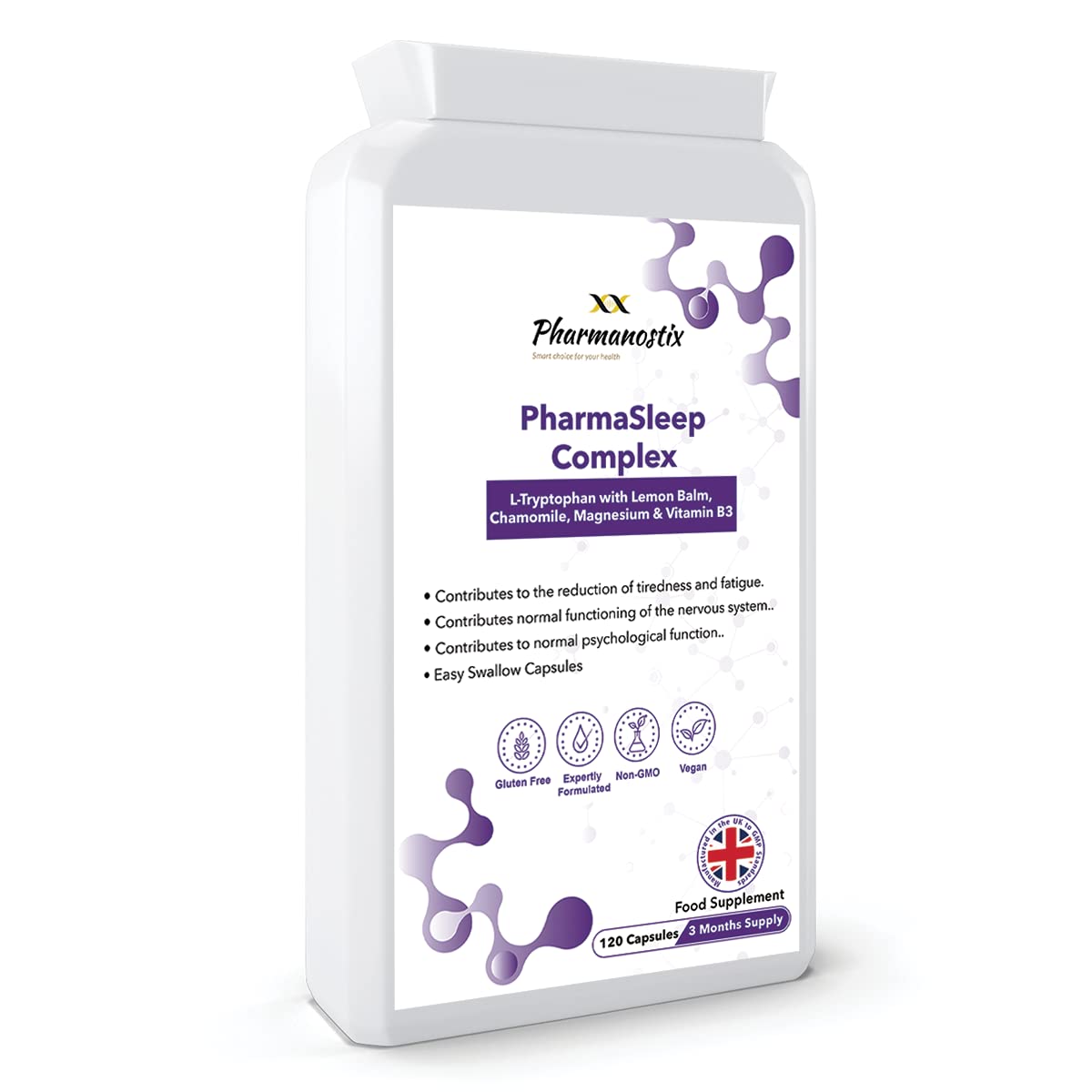 PharmaSleep Complex 120 Vegan Capsules - L-Tryptophan 220mg with Added Magnesium Glycinate, Niacin, Vitamin B6, Lemon and Chamomile Extract - Natural Alternative to Melatonin - 4 Months’ Supply - UK