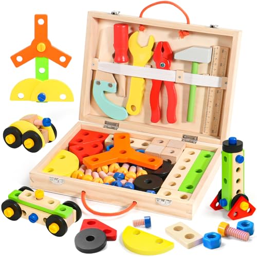 TONZE Cassetta Attrezzi Bambini Giochi Bambini 3 Anni Giocattolo Attrezzi da Lavoro Costruzioni per Bambino 3 4 5 6 Anni Montessori Educativi Giochi Legno Regalo Bambino 3+ (52 Pezzi)