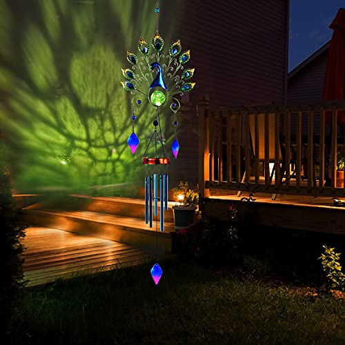 Pearlstar Solar Wind Chimes Outdoor, 53.5" Large Peacock Wind Chimes Light With Crackle Glass Ball, Waterproof Colorful Metal Peacock Wind Chimes For Garden Patio Yard Home Decor Memorial Gift… #TOP2