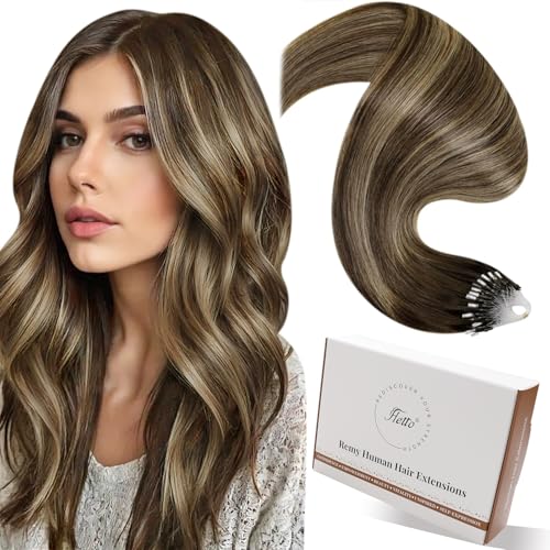Hetto Brown Micro Ring Hair Extensions Real Human Micro Hair Extensions Brown Highlight Blonde Micro Beaded Hair Extensions Straight Pre Bonded Extensions 18 Inch 50g 50 Strands