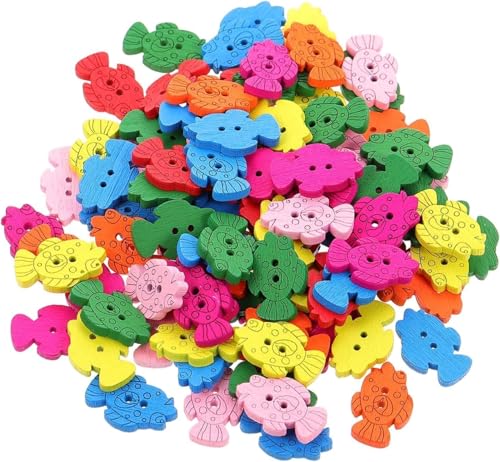 50Pcs Wooden Fish Buttons, Colorful Animal Craft Buttons, DIY Sewing and Clothing Decor，Animal Design for Scrapbooking and Clothing Projects Natural Material