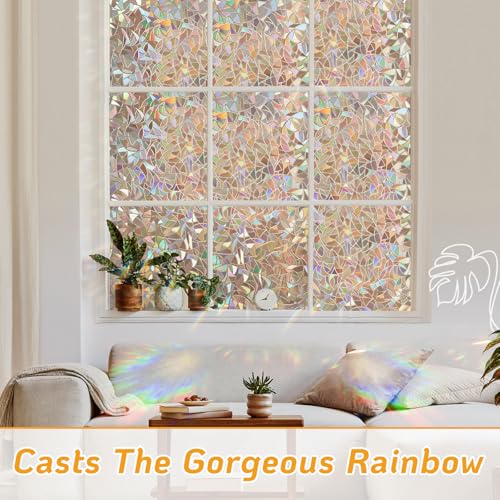 Image of LUTE Rainbow Window Privacy Film, Stained Cling, Brown, 17.5 inch x 78.7 inch | 3D Decorative Non-Adhesive Vinyl, Static Cling Removable Glass Stickers, Sun UV Blocking Decal Covering for Home Office