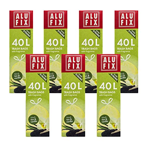 ALUFIX Duft Müllsäcke Müllbeutel mit Zugband 40 L, 53x60cm schwarzer Tee & Vanille, Abfallbeutel 84 Stück Cover