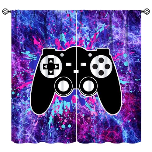 Game Video Games Curtains, Blue Purple Thunder Gamepad Pattern Blackout Window Drapes for Boys Teens Living Room Bedroom Playing Gaming Room Decor, 63x63in