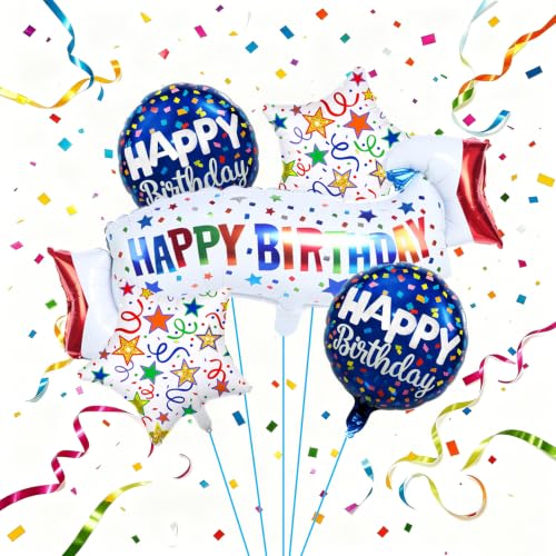 OSAMUHA Birthday Decoration Set Colorful Happy Birthday Banner Balloon,Star and Circle Mylar Foil Balloon for Birthday Decorations and Party Supplies 5PCS