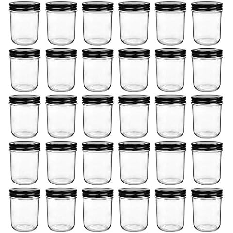 QAPPDA 6oz Glass Jars With Lids,Small Mason Jars Wide Mouth,Mini Canning Jars With Black Lids,Kitchen Storage Jars For Honey,Jam,Jelly,Baby Foods,Wedding Favor,Shower Favors,Spice Jars Set of 30 Cover