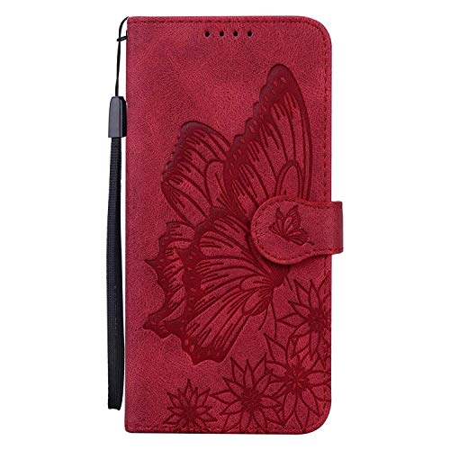 LEMAXELERS Carcasa OPPO A31 2020,Funda OPPO A31 2020 Flor de mariposa en relieve Carcasa de Tipo Libro con Ranuras para Tarjetas de Soporte y Solapa Case,CY Butterfly Red