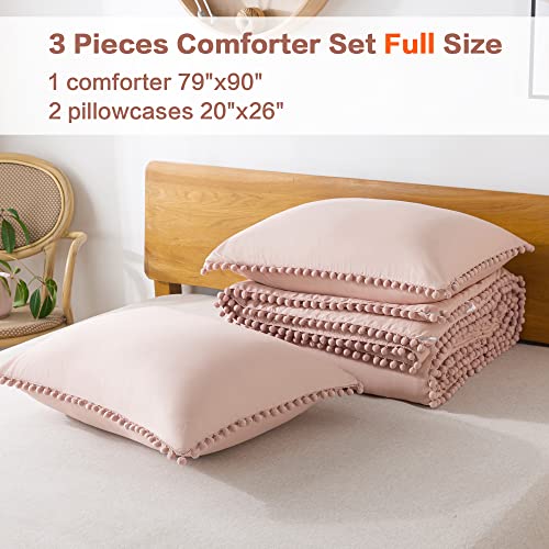 Litanika Blush Pom Pom Fringe Comforter Full(79X90 Inch), 3 Pieces(1 Boho Comforter And 2 Pillowcases) Aesthetic Boho Comforter, Lightweight Soft Microfiber Down Alternative Bedding Set #TOP6