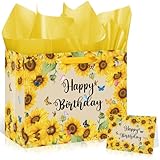 Sunflower Birthday Gift Bag for Girls Women Yellow Sunflower Paper Bag with Tissue Paper and Card Sun flower Birthday Wrapping Paper Bag for Bday Christmas Wedding Baby Bridal Shower Decorations