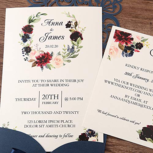 DreamBuilt 5X7.2 Inch 50PCS Personalized Laser Cut Navy Blue Wedding Invitations With Rsvp Cards And Envelopes And Ribbon Belly Band Pearl Embellishments Wedding Invitation Cards For Wedding Invite