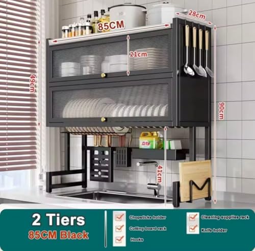 Image of HomeCloud 3-Tier Over-The-Sink Dish Drying Rack with Dustproof Flip Cover Door | Multifunctional Adjustable Metal Kitchen Countertop Organizer (Black, 90x85x28Cm)