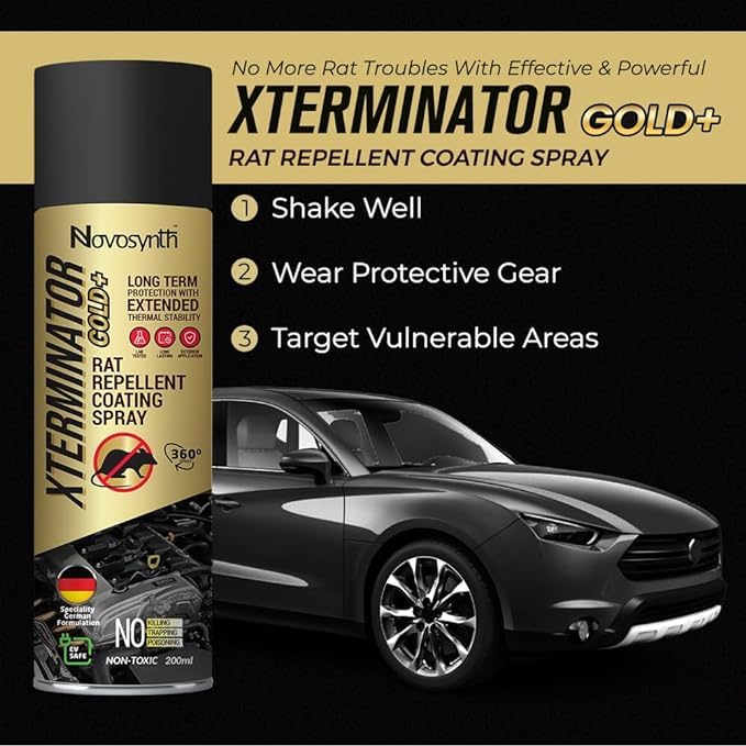 Image of Novosynth XTERMINATOR Gold+ Rat Repellent 300ml(Pack Of 10) Thermal Protection Coating Spray | Protect Engine & Wires In Car, Bike | Non Toxic | No Kill Only Repels | Upto 60 Days Protection