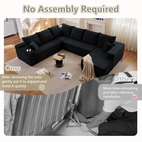 Image of Sectional Cloud Couch with L-Shape Chaise, Modern Modular Comfy Sofa with Deep Seat, Upholstered Corduroy Couches Stupendous U Shaped Sofas for Living Room Bedroom, No Assembly Required, Black