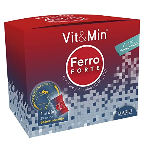 Eladiet Complemento Alimenticio con Hierro, Vitaminas y Fructooligosacáridos - Vit&Min Ferro Forte - 20 Sobres - Sabor Naranja - (El empaque puede variar)