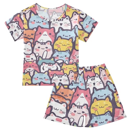 ALAZA Cat Kitten Animal Colored Pajamas Short Sleeve 2 Piece Sleepwear Top and Bottom Pajama Set Unisex