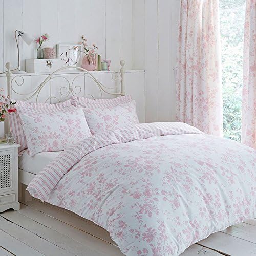 Modern Floral Design Reversible Polycotton Duvet Cover Set in Pink and White Single Bed Size
