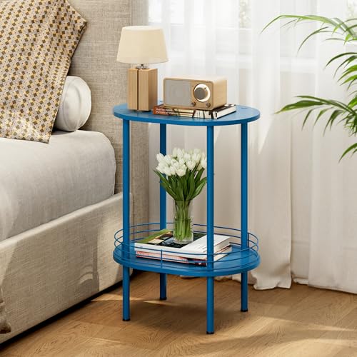 Image of DGSANDGO Blue Oval Side Table,Side Tables Living Room,2-Tier Nightstand,Samll End Table for Small Space,Living Room,Bedroom, Nursery, (1PC,Blue)