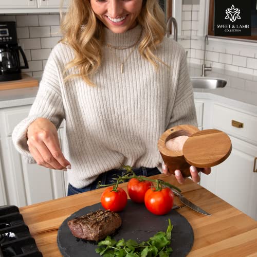 Sweet & Lamb Collection Salt Cellar – Salt Container With Lid, Spoon, & Nonslip Tray – Beautifully Crafted Magnetic Closure & Tight Seal – Salt Box With Swivel Lid #TOP7