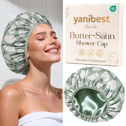 Yanibest Shower Cap for Women - Frizz Free Satin Lined Shower Cap Waterproof Large Double Layer Reusable with Soft Elastic Band for Braids Long Hair