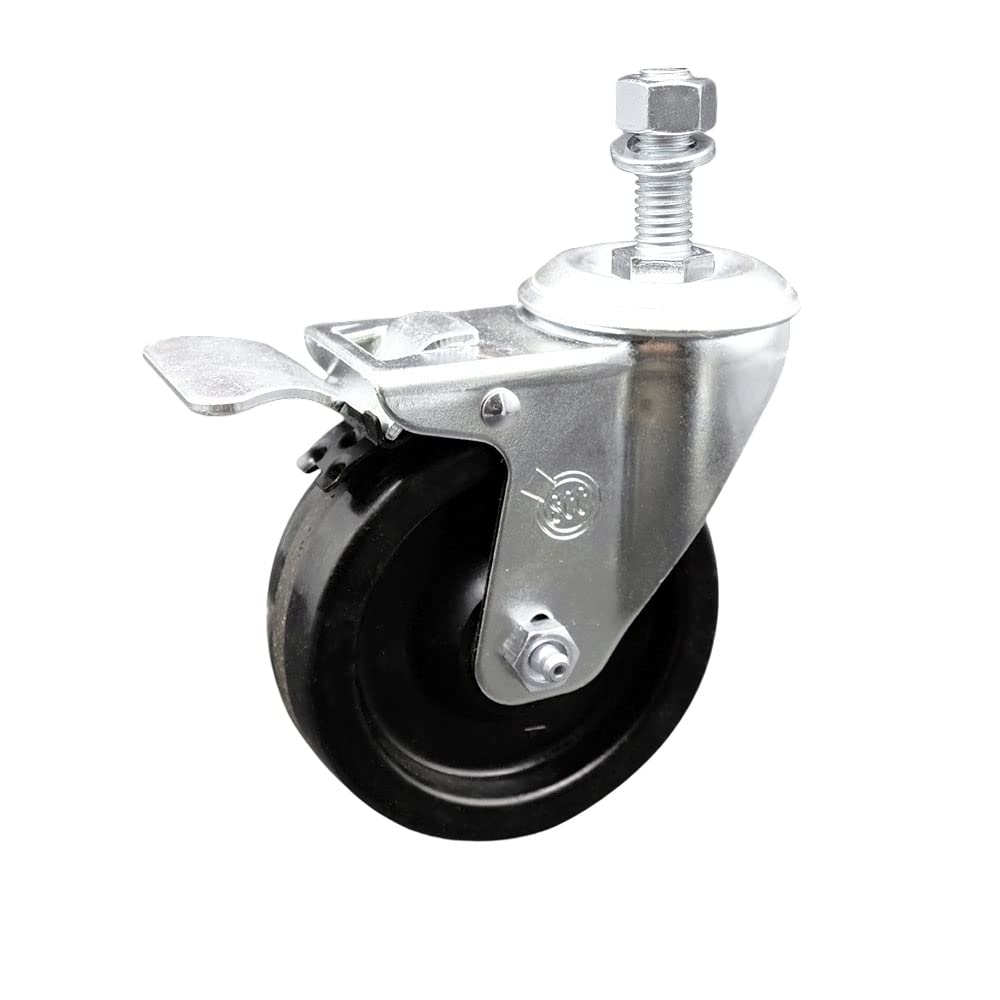 Phenolic Swivel Threaded Stem Caster w/Roller Bearing - 4" x 1.25" Black Wheel and 1/2" Stem & Total Locking Brake - 300 lbs Capacity/Caster - Service Caster Brand