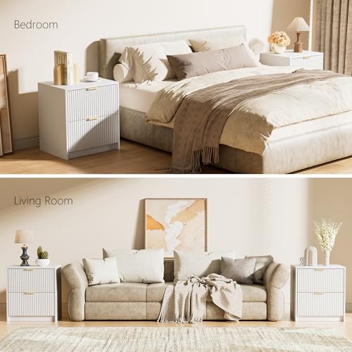 Image of Furniway Nightstands Set of 2, Fluted Nightstand with Gold Metal Handles and 2 Drawers, Modern Bedside Table, 19.6 inch Wide Wood End Table for Bedroom, White