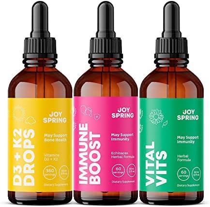 JoySpring Vital Vits, Immune Boost & Vitamin D3 Supplement Set - Natural Daily Herbal Drops - Fill in Dietary Gaps - Back to School Bundle - Help Protect Your Child's Health - Comes in a Convenient L
