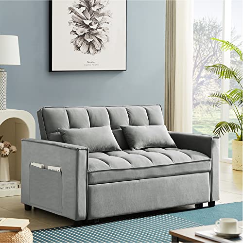 3 In 1 Convertible Sleeper Sofa Bed, Modern Velvet Loveseat Futon Sofa Couch W/Pullout Bed, Small Love Seat Lounge Sofa W/Reclining Backrest, Toss Pillows, Pockets, Furniture For Living Room, Grey #TOP2