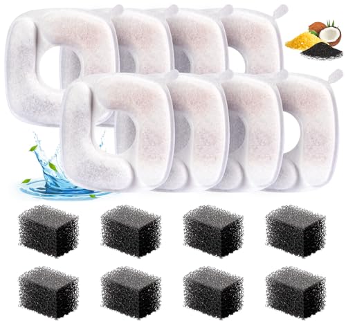 Lemonfilter Cat Water Fountain Filter, 8 Pack Replacement Filters with Sponges Kit, 3-Stage Filtration for Automatic Cat Water Fountain for 67 oz, 95 oz, 135 oz Automatic Pet Fountain